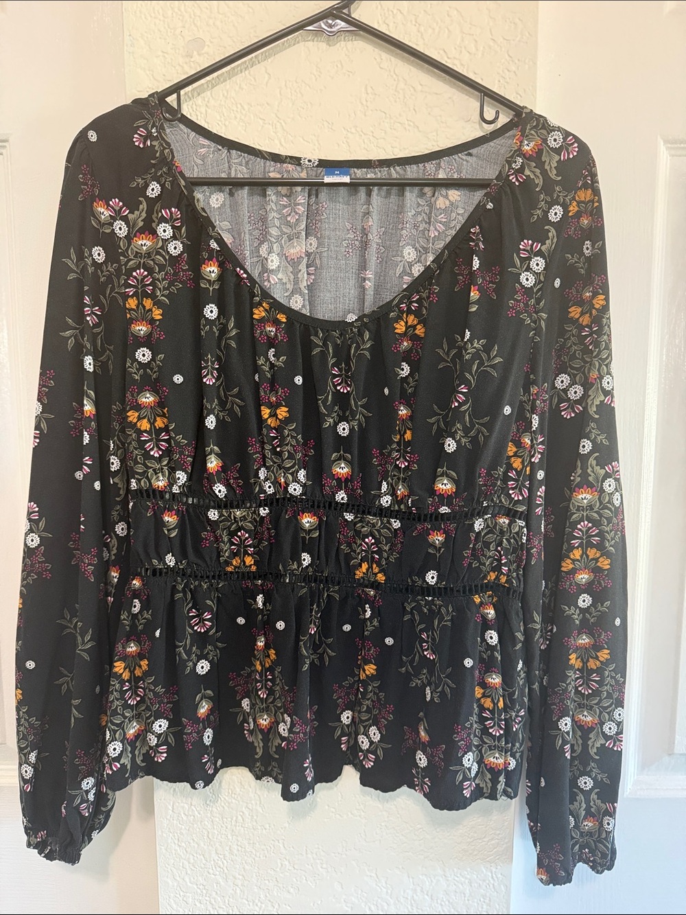 Old Navy Black Floral Peplum Tunic with Pink and Orange Accents